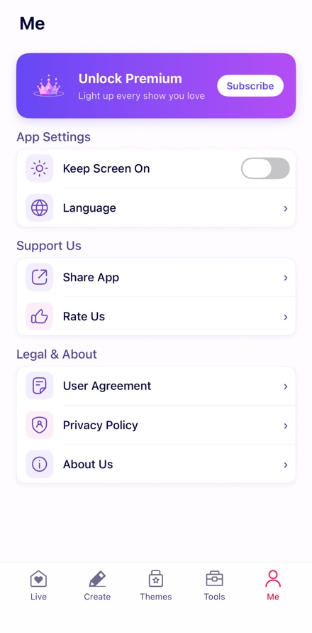 Me — settings and legal